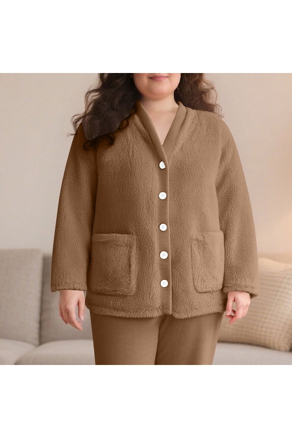 Womens Fleece Jacket House Coat Winter Cozy Plush Jacket V Neck Long Sleeve Button Down Warm Thick Cardigans with Pockets