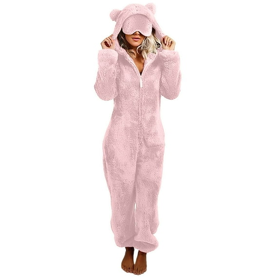 Pincandy Womens Fleece Onesies Pajamas Jumpsuit Warm Sherpa Romper Sleepwear One Piece Zipper Hooded Playsuit Loungewear