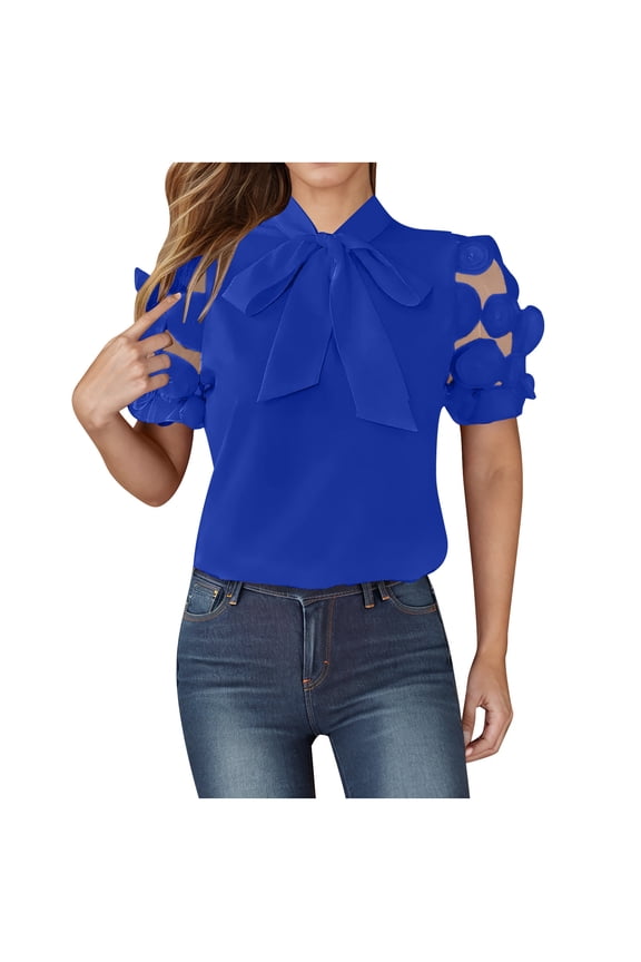 Womens Front Bow Tie Neck Lace Floral Mesh Tops Short Sleeve Casual Dressy Shirts Summer Office Work Business Blouse