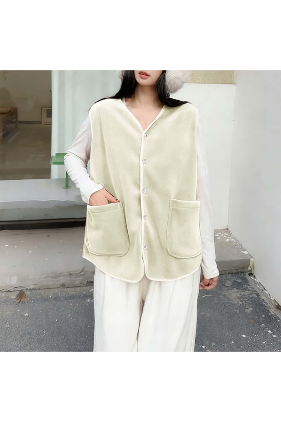 Womens Fuzzy Fleece Vest Sleeveless Button Down Fall Sherpa Jacket Winter Warm Old Money Outerwear with Pockets