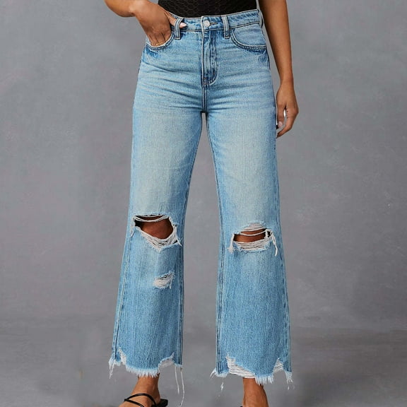 Pincandy Womens High Waisted Wide Leg Jeans Stretchy Distressed Denim Pants