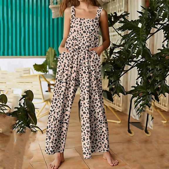 Pincandy Womens Linen Bib Overalls Summer Floral Printed Patchwork Jumpsuits Casual Boho Romper Wide Harems Pant