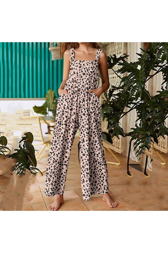 Womens Linen Bib Overalls Summer Floral Printed Patchwork Jumpsuits Casual Boho Romper Wide Harems Pant