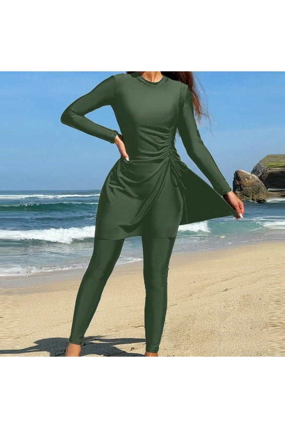 Womens Long Sleeve Modest Diving Suit Surf Rash Guard Short Pant Padded Wireless 4 Way Stretch UV 50+ for Beach Surfing & Diving Activities