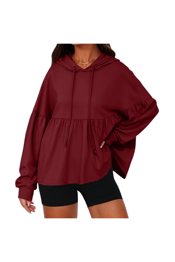 Womens Oversized Hoodies Sweatshirts Casual Lantern Long Sleeve Drawstring Peplum Hem Loose Hooded Pullover Tops