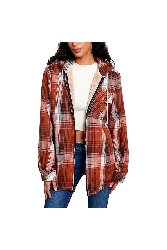 Womens Plaid Lined Hooded Jackets Full Zip Fleece Flannel Shirt Jacket Long Sleeve Winter Warm Coat