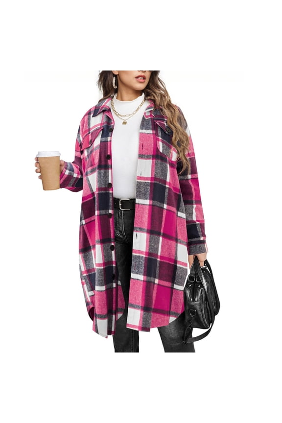 Womens Plus Size Flannel Plaid Shirts Long Sleeve Lounge Lapel Boyfriend Button Down Tartan Long Jacket Coats