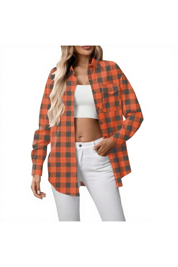Womens Plus Size Flannel Plaid Shirts Long Sleeve Lounge Lapel Boyfriend Button Down Tartan Long Jacket Coats
