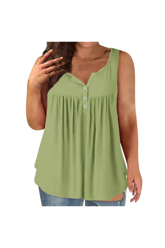 Womens-Plus-Size-Tank-Tops Summer Sleeveless Henley Shirts Buttons Up Tunics Flowy Pleated Blouses