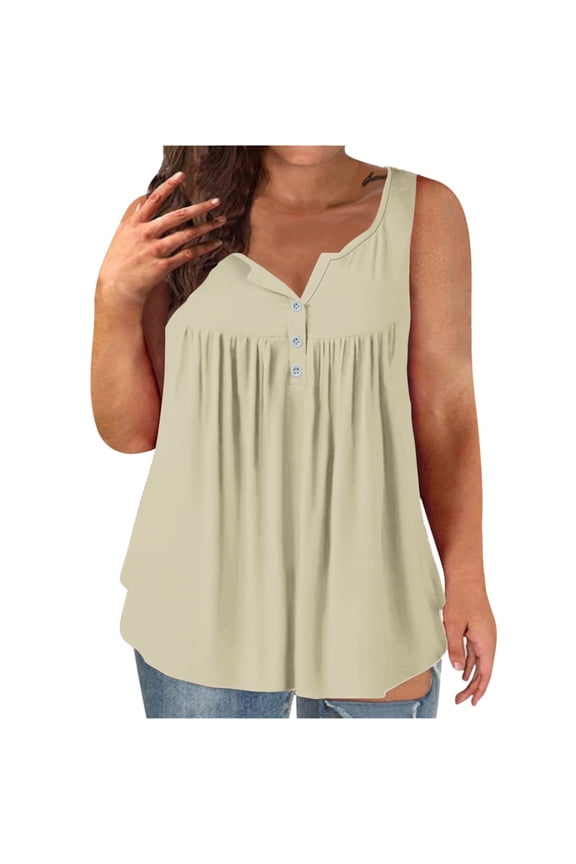 Womens-Plus-Size-Tank-Tops Summer Sleeveless Henley Shirts Buttons Up Tunics Flowy Pleated Blouses