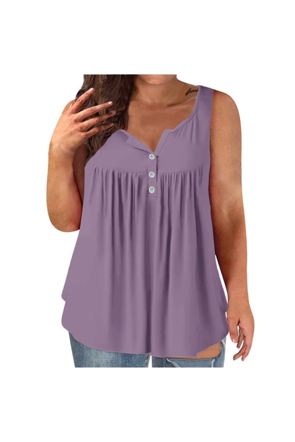 Womens-Plus-Size-Tank-Tops Summer Sleeveless Henley Shirts Buttons Up Tunics Flowy Pleated Blouses