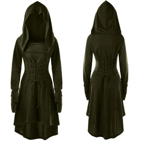Pincandy Womens Renaissance Costumes Hooded Robe Lace Up Vintage Pullover High Low Long Hoodie Dress