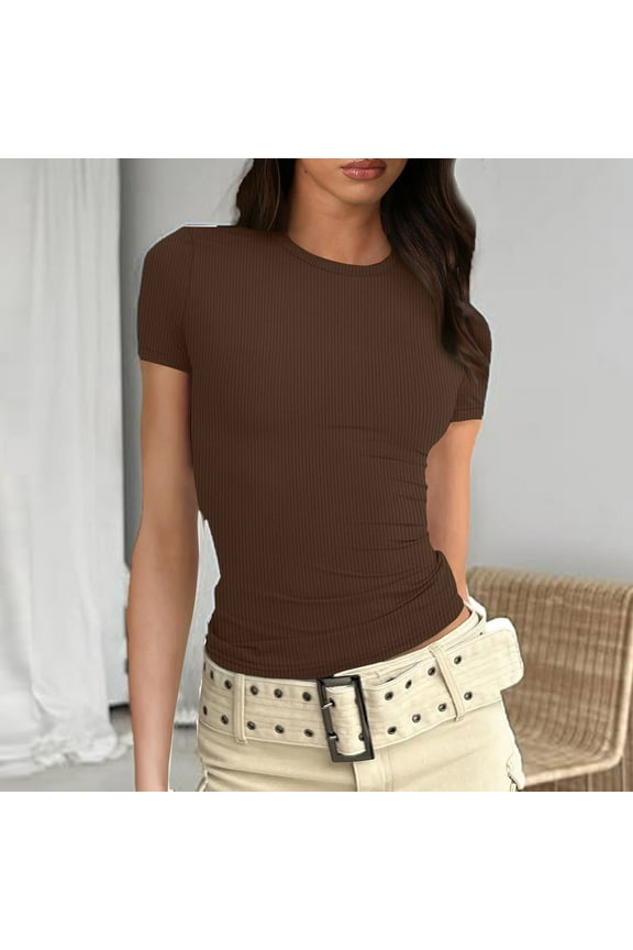 Womens Short Sleeve Crop Tops Basic Tees Slim Fit Going Out Tops Cute Summer Tops Tight Shirts Teen Girls Y2K Clothing,Brown,S