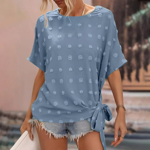 Pincandy Womens Short Sleeve Summer Tops Tie Side Chiffon Drop Shoulder Blouses Round Neck Pompom Shirts