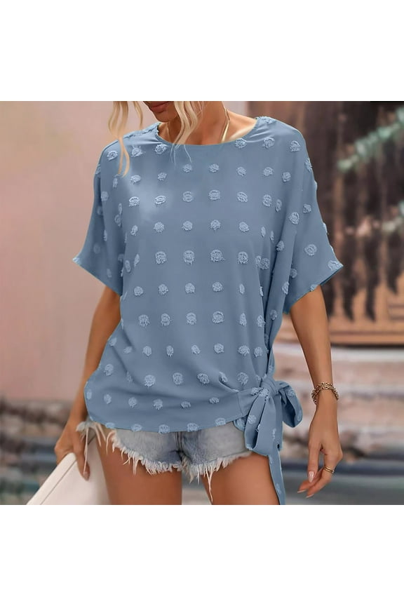 Womens Short Sleeve Summer Tops Tie Side Chiffon Drop Shoulder Blouses Round Neck Pompom Shirts