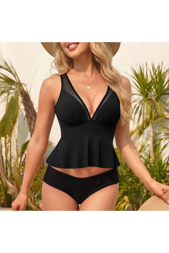 Womens Solid Color Backless Two Piece Bikini Wave Trim Padded Wireless Stretchy UV 50+ Protection for Beach Pool Tropical Vacation Wear