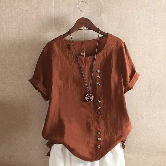 Pincandy Womens Summer Casual Solid Color Round Neck Short Sleeve Tops Buttons Blouses Summer Vacation Beach Fashion Solid Linen Tops Casual Blouses Western Wear,Brown,M