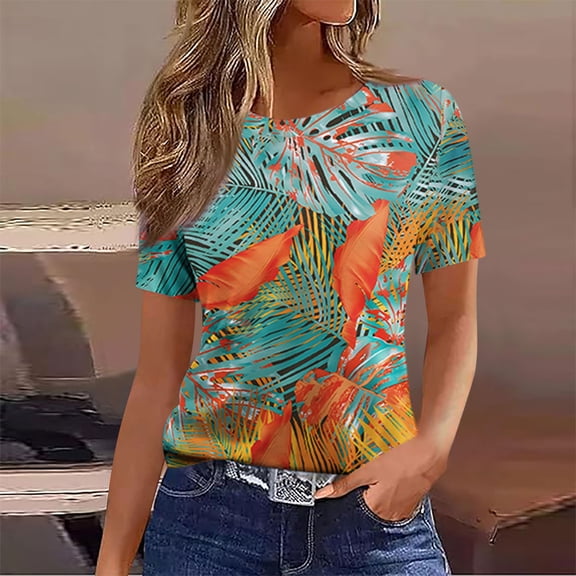 Pincandy Womens Summer Tops 2025 Crew Neck Short Sleeve T Shirts Dressy Casual Blouses Cute Printed Tees Loose Trendy Outfits