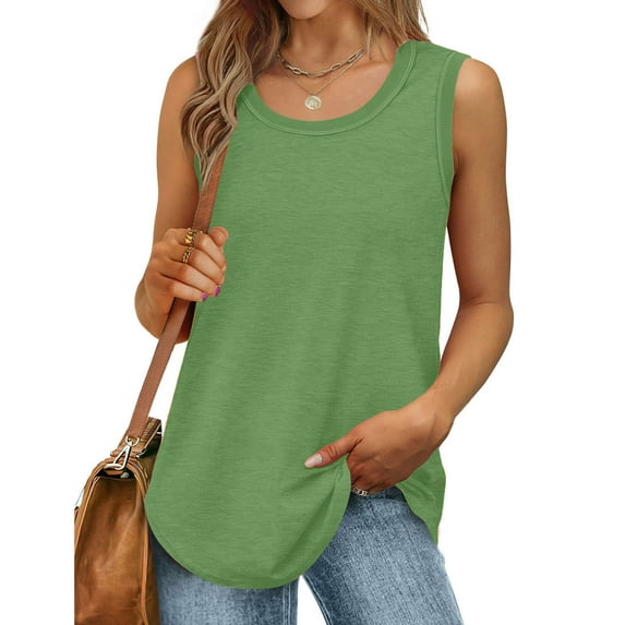Pincandy Womens Tank Tops Summer Loose Sleeveless Tops Ribbed Trim Scoop Neck Curved Hem 2025
