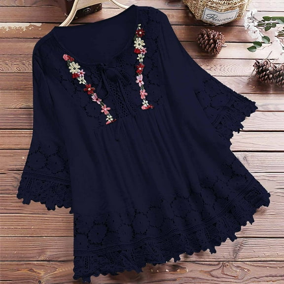 Pincandy Womens V-Neck 3/4 Sleeve Summer Dress 2025 Fashion Flower Print Lace Hollow Out Midi Dress,Navy,XXL