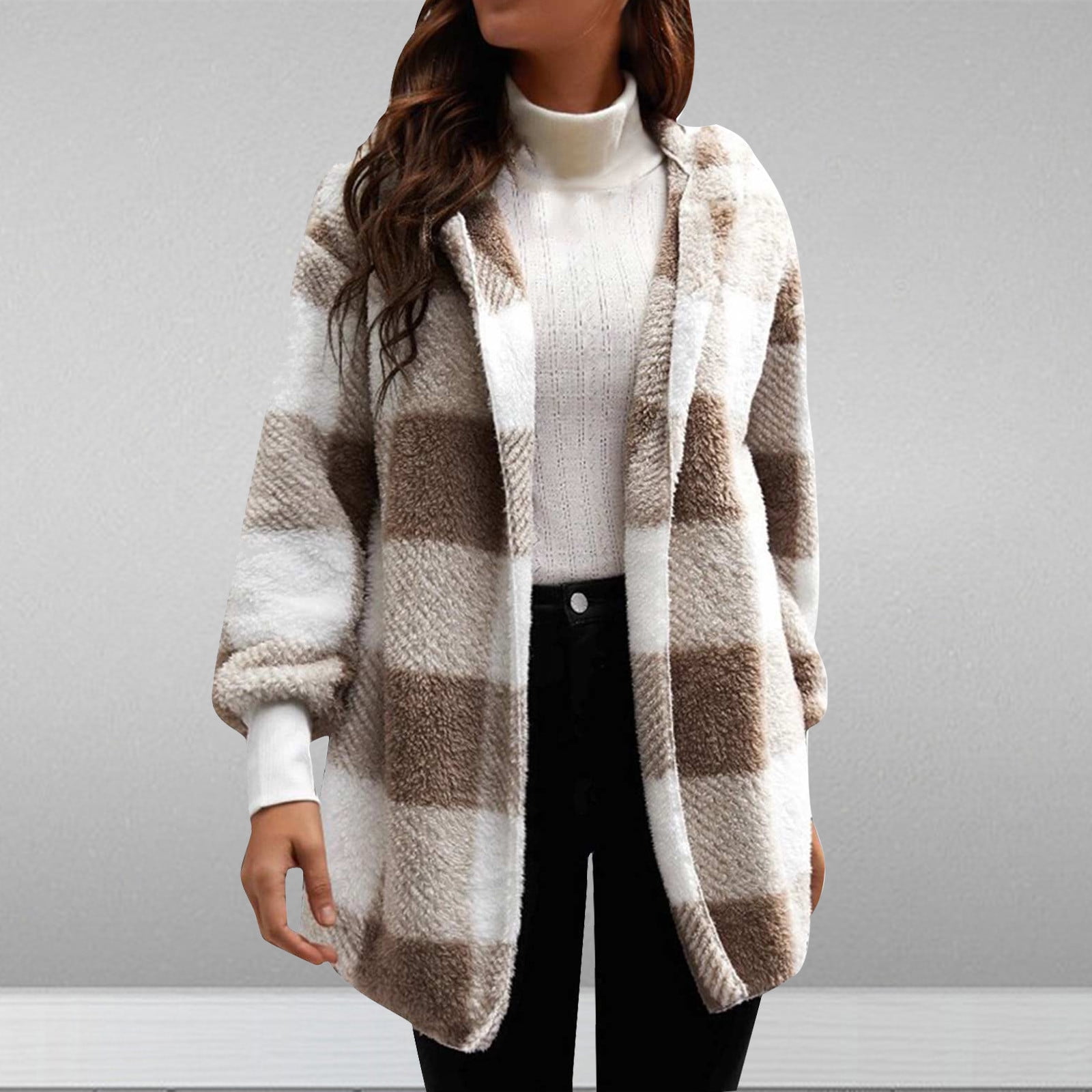 Women's Plaid Plush Jacket Zip Up - Sherpa Fleece Coat Warm Fuzzy Hoodie With Pockets