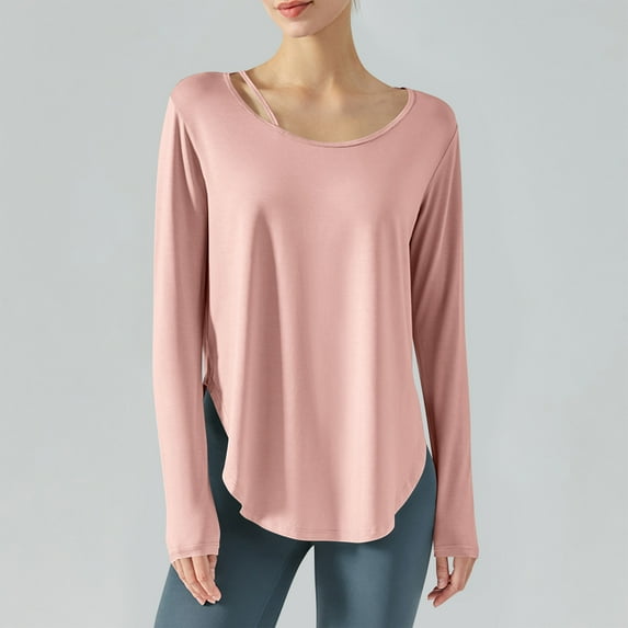 Pincandy Workout Tops for Women Flowy Hem Round Neck Long Sleeve Yoga Sports Shirts Casual Soild Pullover Loose Basic Tees Tops