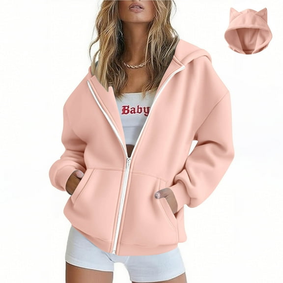 Pincandy Zip Up Hoodie Women Cute Cat Ears Oversized Hoodies Y2k Trendy Loose Fit Zip Up Jackets Preppy Plain Hooded Sweatshirt