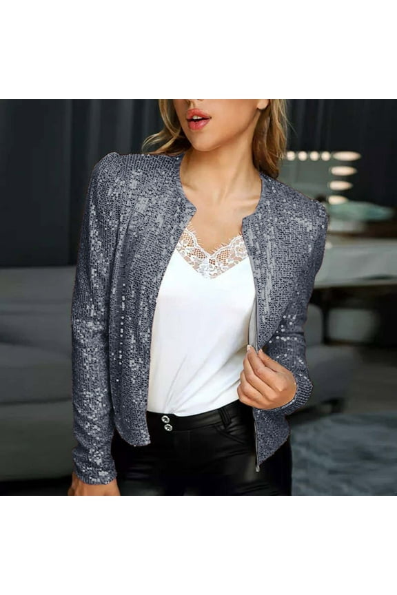 omen's Sequin Shrug Long Sleeve Open Front Cropped Jackets Glitter Blazer Bomber Jacket Sparkly Coats