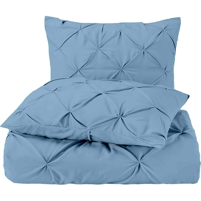 Pinch Duvet Cover 3 Piece Set with Zipper, 400 Thread Count & 100% Egyptian Cotton, Luxury Pleated Pinch Comforter and Quilts Protector with Pillowcases - Light Blue Solid, Oversize Queen Size.