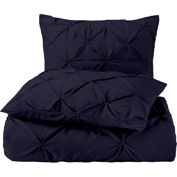 Pinch Duvet Cover 3 Piece Set with Zipper, 400 Thread Count & 100% Egyptian Cotton, Luxury Pleated Pinch Comforter and Quilts Protector with Pillowcases - Navy Blue Solid, Oversized Size.