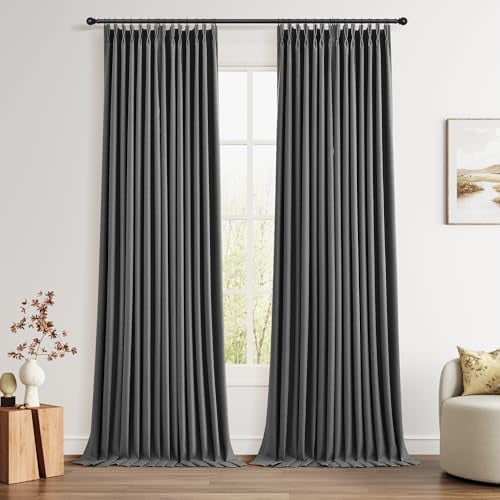 Pinch Pleat 100% Blackout Curtains 120 Inches Long for Bedroom Linen Pinch Pleated Curtains High Length Thermal Insulated Light Blocking Living Room Darkening Extra Long Drapes Dark Grey 40x120