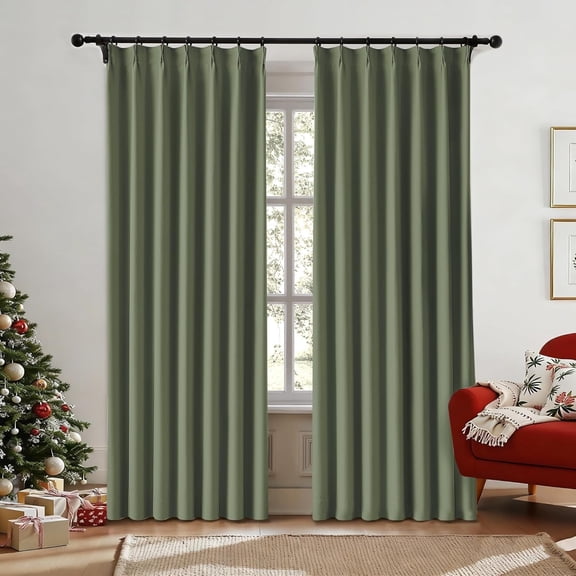 Pinch Pleat Blackout Curtains 2 Pages Linen Textured Waffle Weave Full Blackout Curtains for Bedroom Living Room Thermal Insulated 95 Inch Energy Efficient Window Treatment, 40"W x 95"L, Olive Green