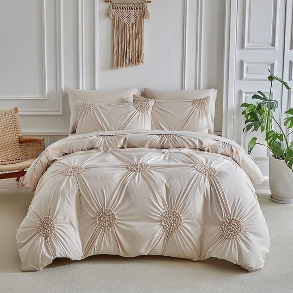 Pinch Pleat Duvet Cover Set Queen Size, 4Pcs Microfiber Bedding Set with Zipper Closure & Corner Ties, Ultra Soft Khaki Comforter Cover All Season( 66"x90")Q