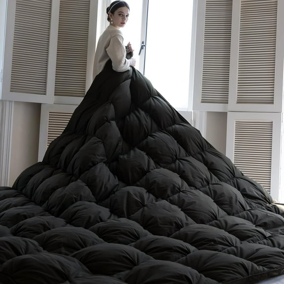 Pinch Pleat Goose Down Feathers Fiber Comforter King Size All Season-Ultra Soft and Cozy Noiseless Duvet Insert with Egyptian Cotton Blend Cover,Fluffy Warm Comforter Insert(Black,90"X106")