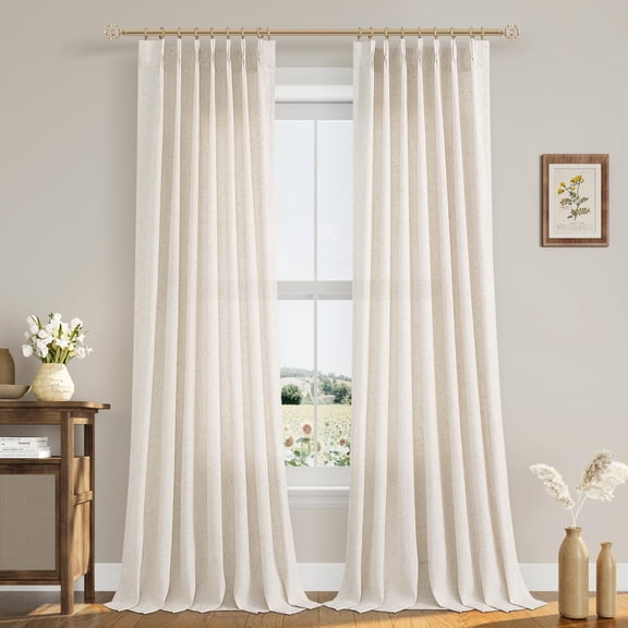 Pinch Pleat Linen Curta106 Inch Length 2 Panels Set For Bedroom Dining Room Semi Sheer Boho Farmhouse Neutral Window Living Cream 40x106