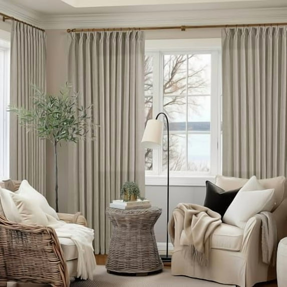 Pinch Pleat Linen Curtains 108 Inches Long 70 Inch Wide for Patio Sliding Door Light Filtering Semi Sheer Pleated Drapes Back Tab Burlywood Taupe Extra Wide 70 x 108 Curtain for Living Dining Room