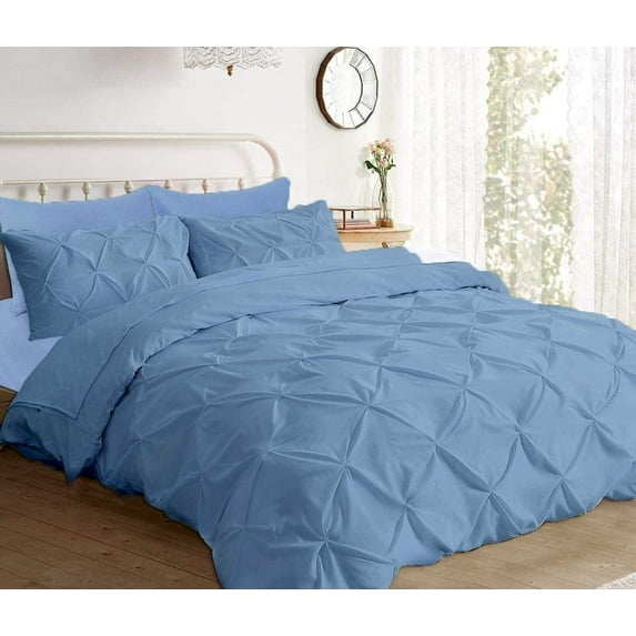 Pinch Pleated 1-Piece Duvet Cover 100% Egyptian Cotton 800 Thread Count with Zipper & Corner Ties Pintuck Decorative Duvet Cover- Super King Size (116" x 98") Inch, Medium Blue