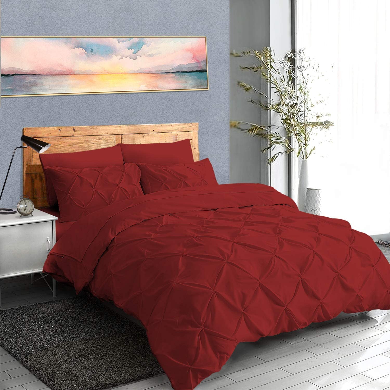 Pinch Pleated 1-Piece Duvet Cover 100% Egyptian Cotton 800 Thread Count with Zipper & Corner Ties Pintuck Decorative Duvet Cover- King/California King Size (94" x 104") Inch, Burgundy