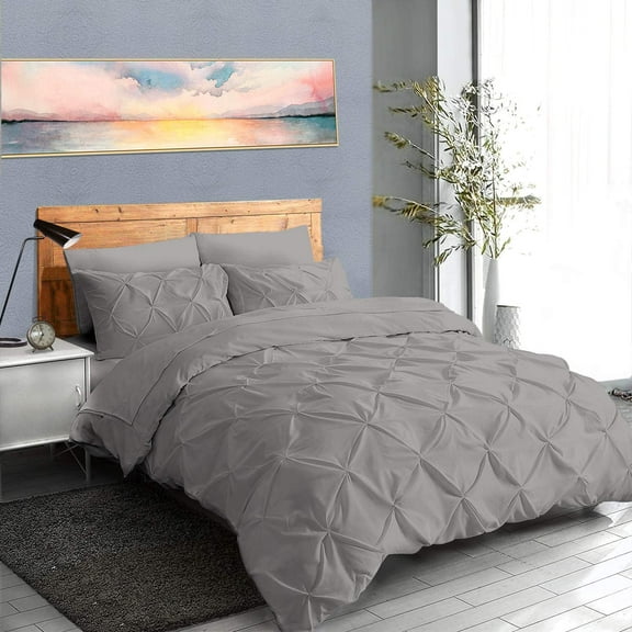 Pinch Pleated 1-Piece Duvet Cover 100% Egyptian Cotton 800 Thread Count with Zipper & Corner Ties Pintuck Decorative Duvet Cover- Queen/Full Size (90" x 90") Inch, Silver