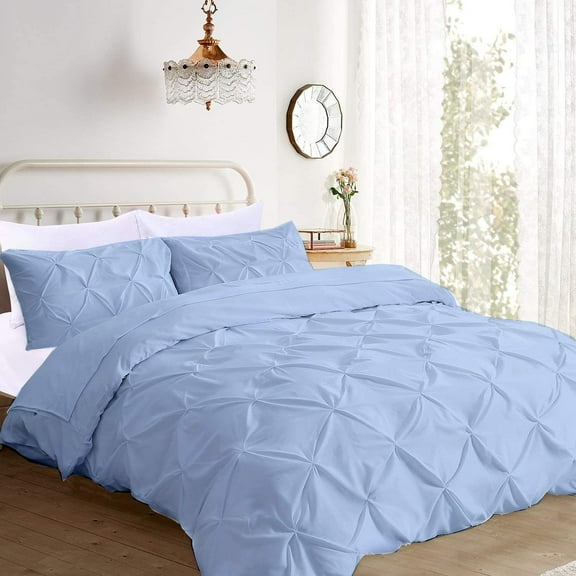 Pinch Pleated 1-Piece Duvet Cover 100% Egyptian Cotton 800 Thread Count with Zipper & Corner Ties Pintuck Decorative Duvet Cover- Queen/Full Size (90" x 90") Inch, Light Blue