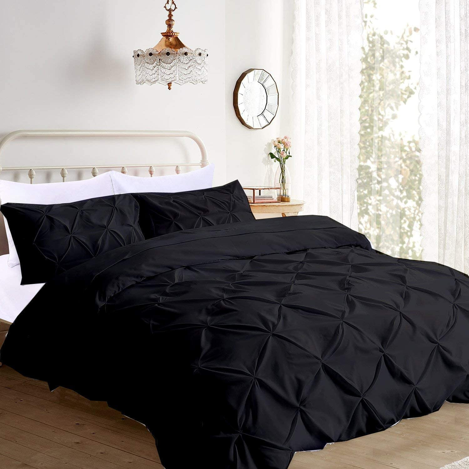 Pinch Pleated 1-Piece Duvet Cover 100% Egyptian Cotton 800 Thread Count with Zipper & Corner Ties Pintuck Decorative Duvet Cover- Super King Size (116" x 98") Inch, Black