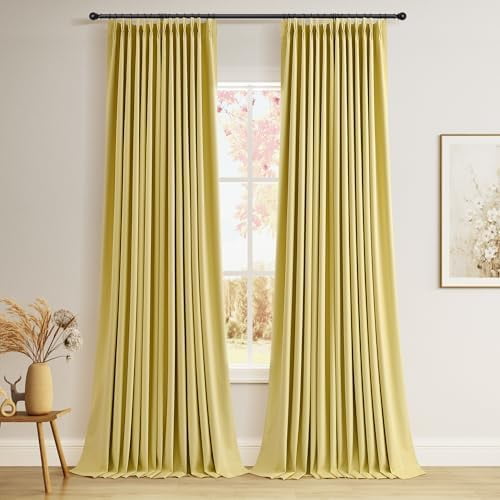 Pinch Pleated 100% Blackout Linen Curtains 120 Inches Long Insulated Thermal Soundproof Fall Blackout Drapes for Bedroom Living Room Darkening Extra Long Yellow Pinch Pleat Linen Curtains 40x120
