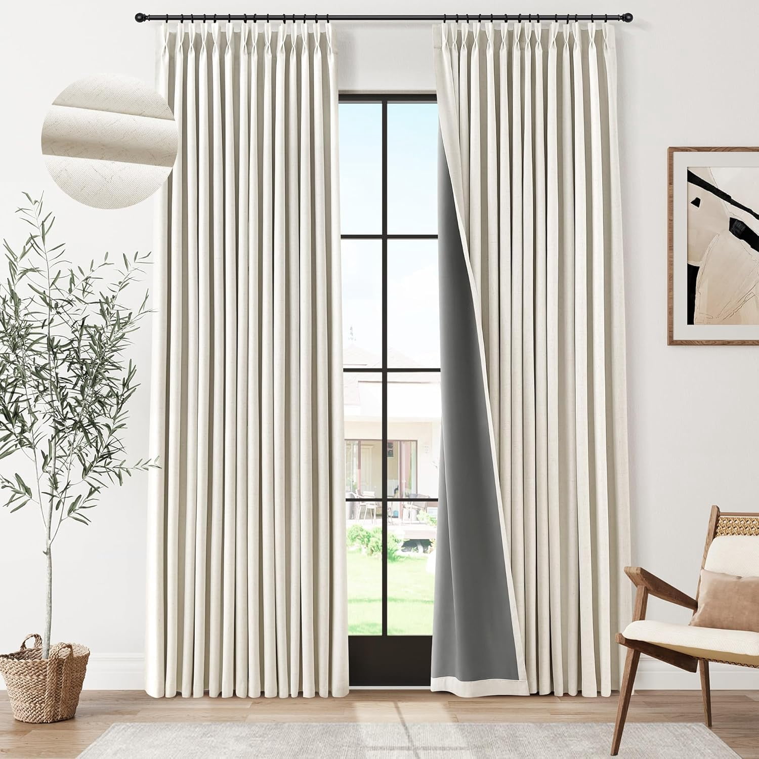100% Blackout Linen Pinch Pleated Curtains for Bedroom Celing to Floor 96 Inches Long 8ft Natural Cream Room Darkening Thermal Insulated Pleat Window Drapes Living Ivory Beige 2 Panels 40x96