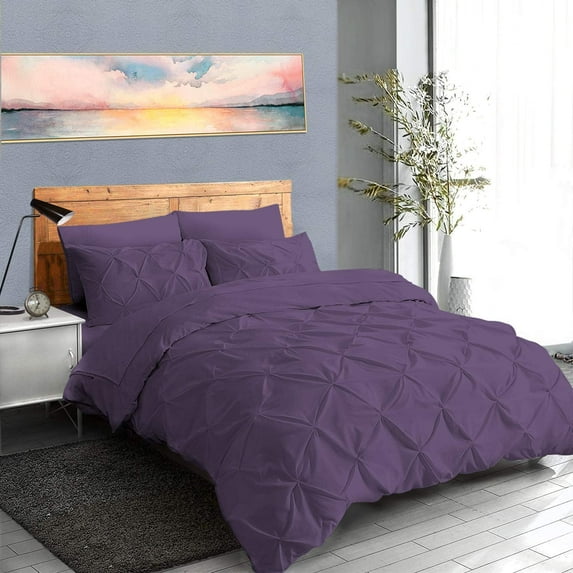 Pinch Pleated 3-Piece Duvet Cover Set 100% Egyptian Cotton 800 Thread Count with Zipper & Corner Ties Pintuck Decorative Duvet Cover- King/California King Size (94" x 104") Inch, Plum