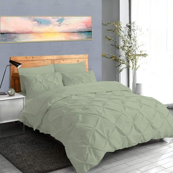 Pinch Pleated 3-Piece Duvet Cover Set 100% Egyptian Cotton 800 Thread Count with Zipper & Corner Ties Pintuck Decorative Duvet Cover- Oversized Super King Size (120" x 98") Inch, Sage
