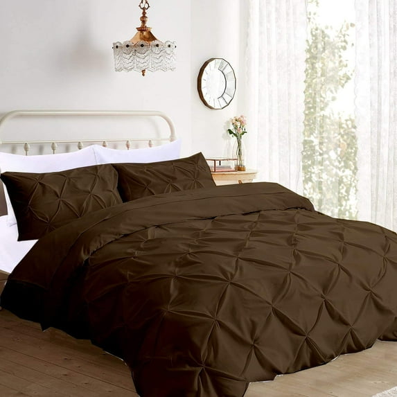 Pinch Pleated 3-Piece Duvet Cover Set 100% Egyptian Cotton 800 Thread Count with Zipper & Corner Ties Pintuck Decorative Duvet Cover- Queen/Full Size (90" x 90") Inch, Chocolate
