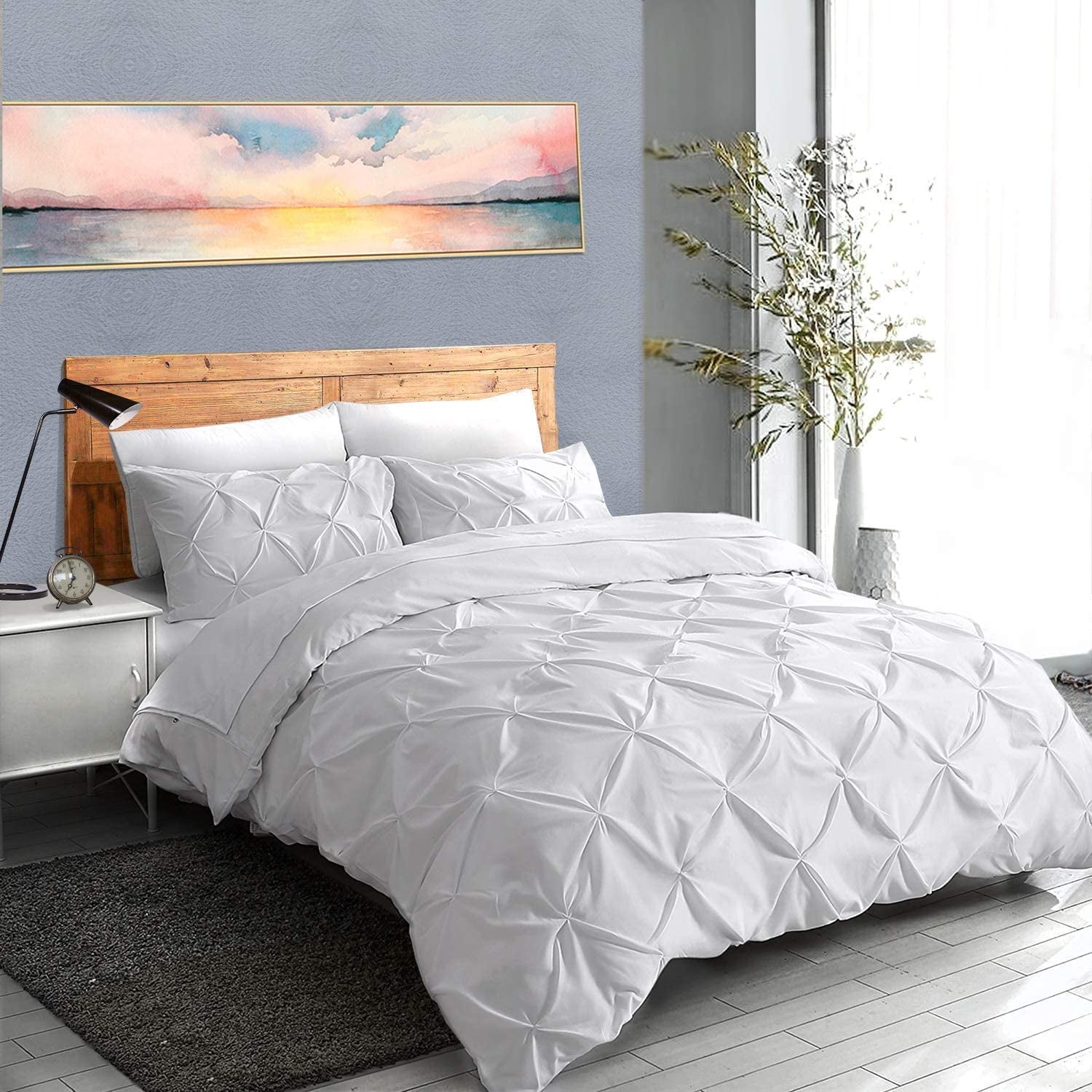 Pinch Pleated 3-Piece Duvet Cover Set 100% Egyptian Cotton 800 Thread Count with Zipper & Corner Ties Pintuck Decorative Duvet Cover- King/California King Size (94" x 104") Inch, White