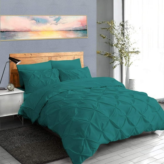 Pinch Pleated 3-Piece Duvet Cover Set 100% Egyptian Cotton 800 Thread Count with Zipper & Corner Ties Pintuck Decorative Duvet Cover- King/California King Size (94" x 104") Inch, Teal