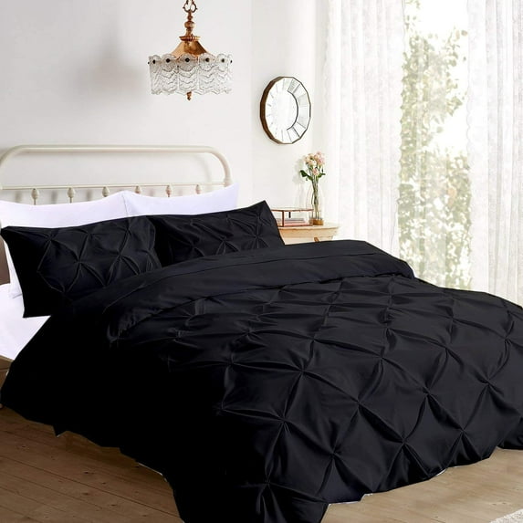 Pinch Pleated 3-Piece Duvet Cover Set 100% Egyptian Cotton 800 Thread Count with Zipper & Corner Ties Pintuck Decorative Duvet Cover- Queen/Full Size (90" x 90") Inch, Black