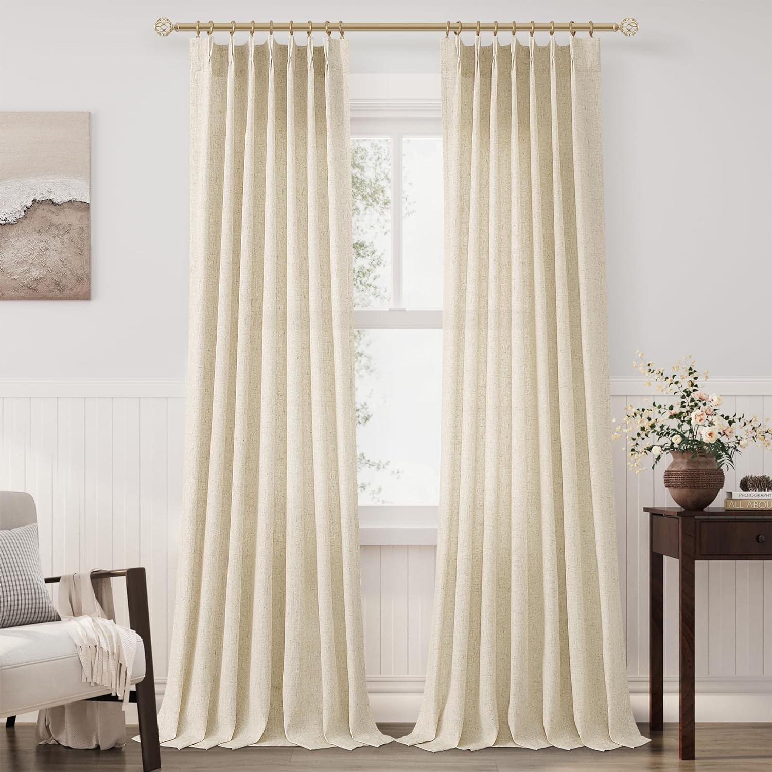 Pinch Pleated Beige Linen Curtains 96 Inches Long For Living Room Semi